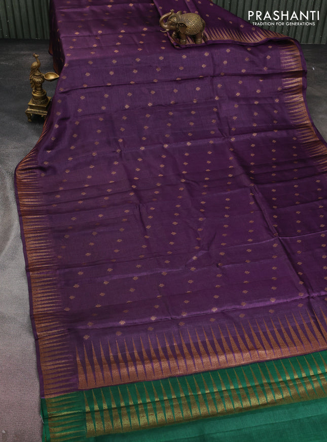 Banarasi tussar silk saree purple and green with thread & zari woven buttas and temple design woven border