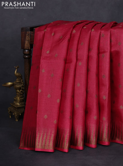 Banarasi tussar silk saree maroon and green with thread & zari woven buttas and temple design woven border