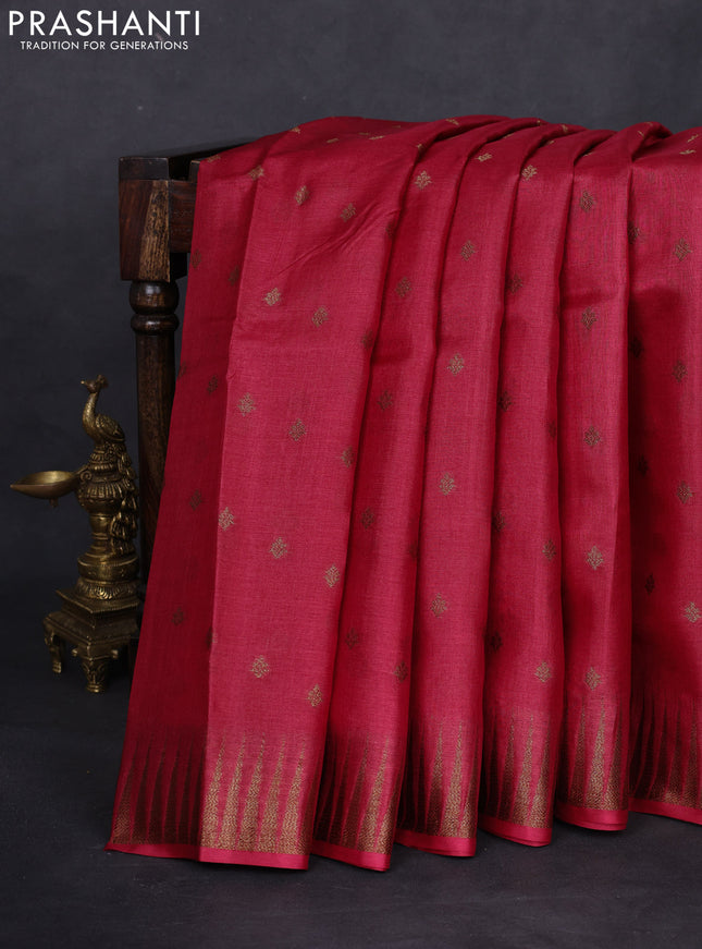 Banarasi tussar silk saree maroon and green with thread & zari woven buttas and temple design woven border