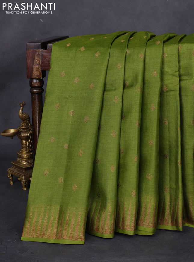 Banarasi tussar silk saree mehendi green and purple with thread & zari woven buttas and temple design woven border