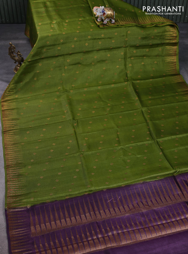 Banarasi tussar silk saree mehendi green and purple with thread & zari woven buttas and temple design woven border
