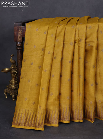 Banarasi tussar silk saree mustard yellow with thread & zari woven buttas and temple design woven border