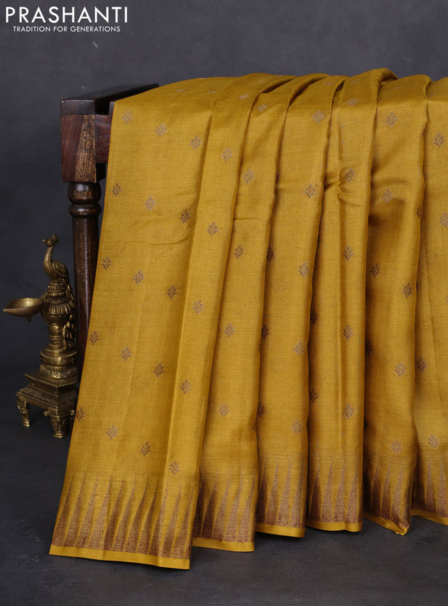 Banarasi tussar silk saree mustard yellow with thread & zari woven buttas and temple design woven border