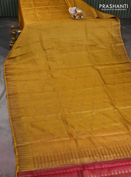Banarasi tussar silk saree mustard yellow with thread & zari woven buttas and temple design woven border