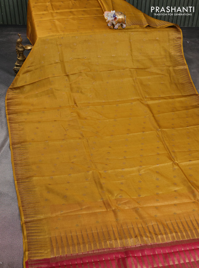 Banarasi tussar silk saree mustard yellow with thread & zari woven buttas and temple design woven border