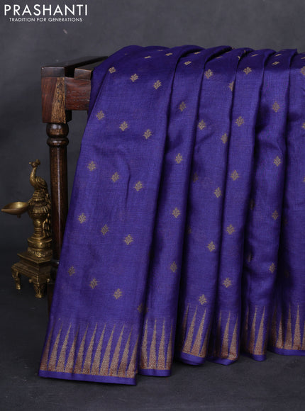 Banarasi tussar silk saree blue and maroon with thread & zari woven buttas and temple design woven border
