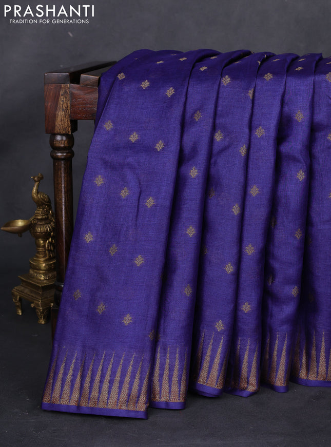 Banarasi tussar silk saree blue and maroon with thread & zari woven buttas and temple design woven border