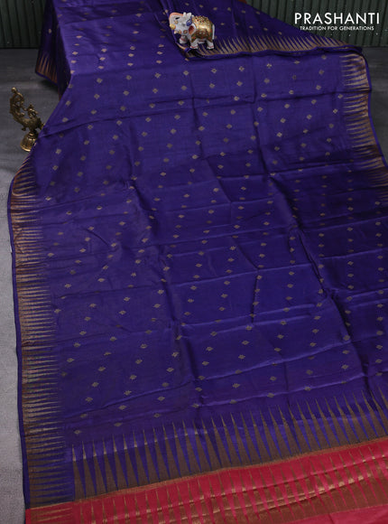 Banarasi tussar silk saree blue and maroon with thread & zari woven buttas and temple design woven border