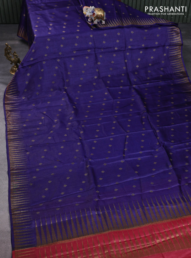 Banarasi tussar silk saree blue and maroon with thread & zari woven buttas and temple design woven border