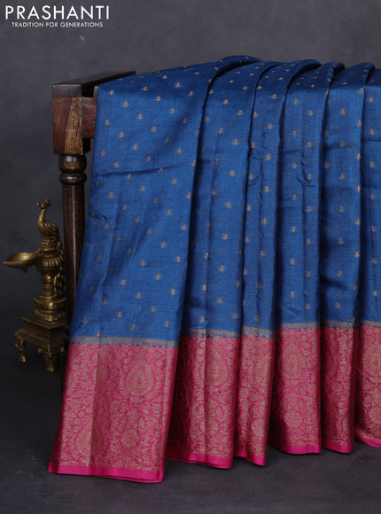 Banarasi tussar silk saree peacock blue and magenta pink with allover thread & zari woven buttas and woven border
