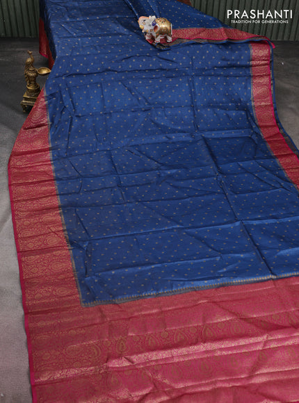Banarasi tussar silk saree peacock blue and magenta pink with allover thread & zari woven buttas and woven border