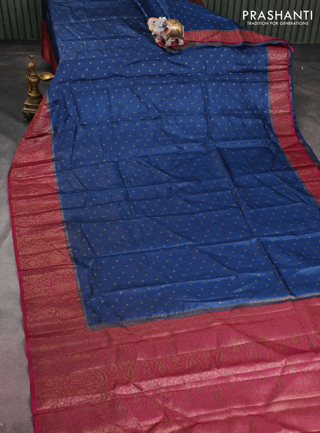 Banarasi tussar silk saree peacock blue and magenta pink with allover thread & zari woven buttas and woven border