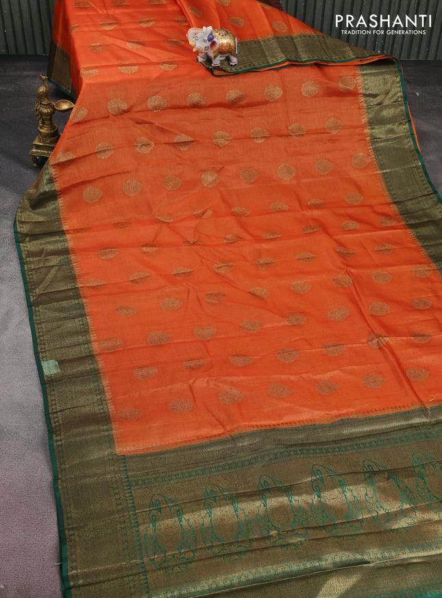 Banarasi tussar silk saree orange and green with thread & zari woven buttas and woven border