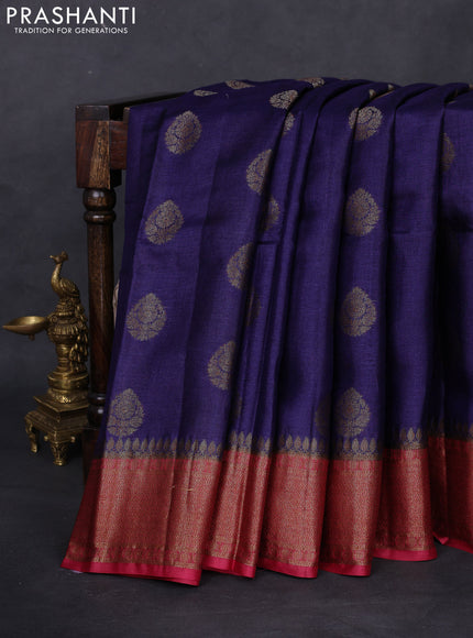 Banarasi tussar silk saree blue and maroon with thread & zari woven buttas and woven border