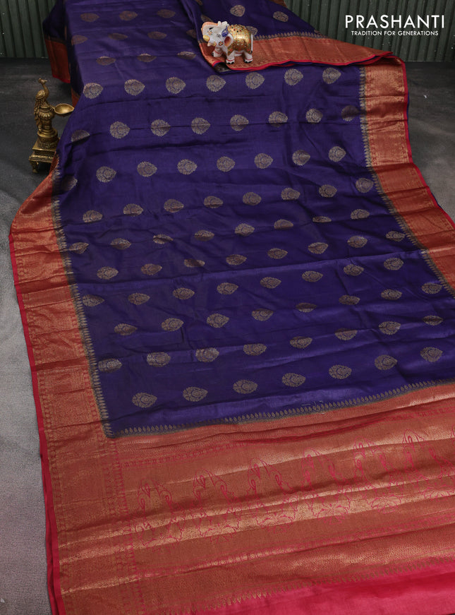 Banarasi tussar silk saree blue and maroon with thread & zari woven buttas and woven border
