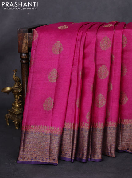 Banarasi tussar silk saree magenta pink and purple with thread & zari woven buttas and woven border