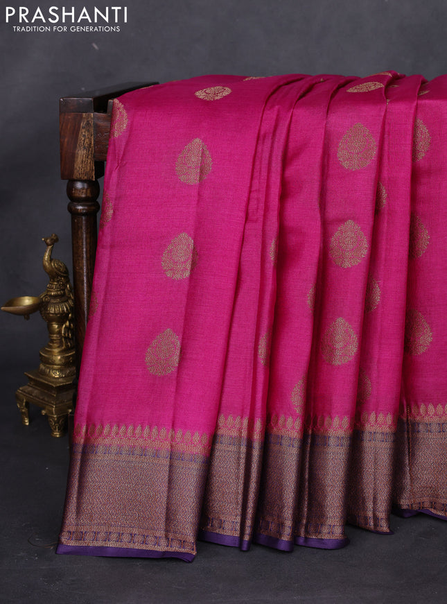 Banarasi tussar silk saree magenta pink and purple with thread & zari woven buttas and woven border