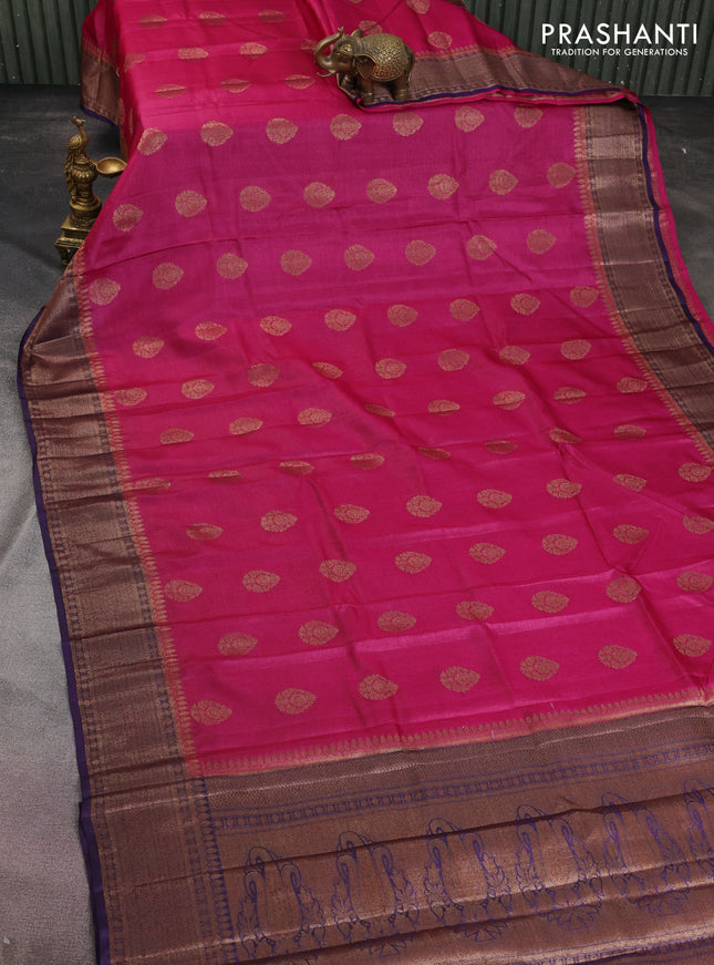 Banarasi tussar silk saree magenta pink and purple with thread & zari woven buttas and woven border
