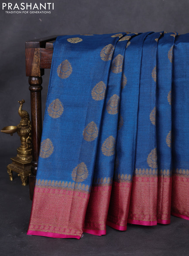 Banarasi tussar silk saree peacock blue and magenta pink with thread & zari woven buttas and woven border