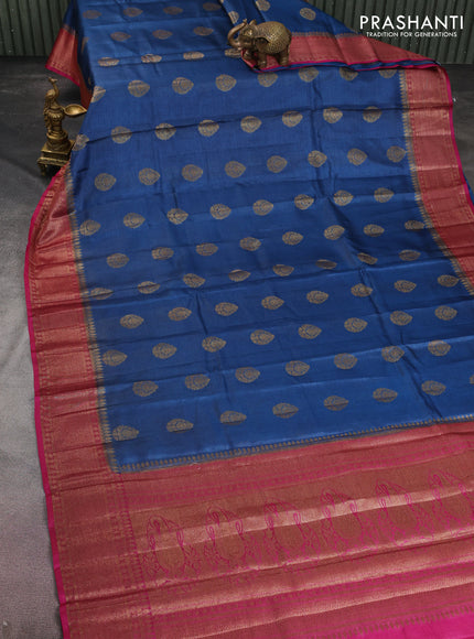 Banarasi tussar silk saree peacock blue and magenta pink with thread & zari woven buttas and woven border