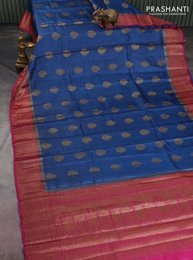 Banarasi tussar silk saree peacock blue and magenta pink with thread & zari woven buttas and woven border