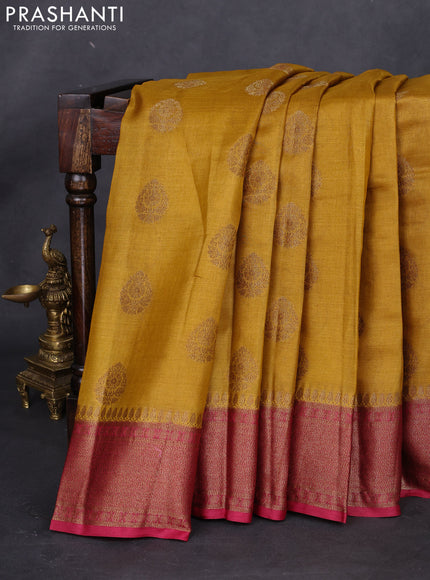 Banarasi tussar silk saree mustard yellow and red with thread & zari woven buttas and woven border