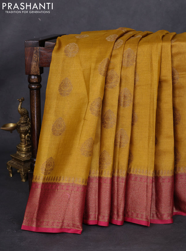 Banarasi tussar silk saree mustard yellow and red with thread & zari woven buttas and woven border