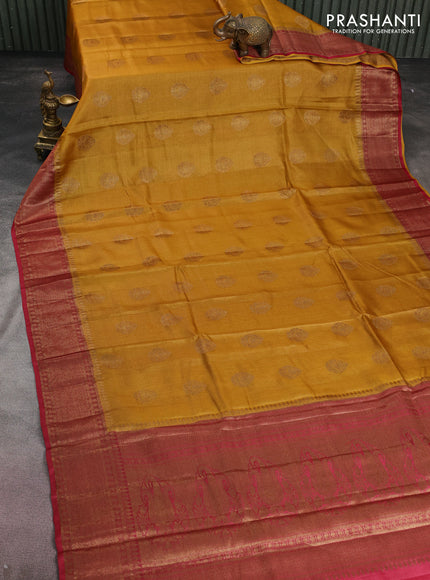 Banarasi tussar silk saree mustard yellow and red with thread & zari woven buttas and woven border