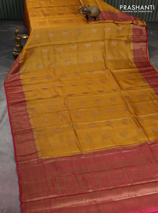 Banarasi tussar silk saree mustard yellow and red with thread & zari woven buttas and woven border