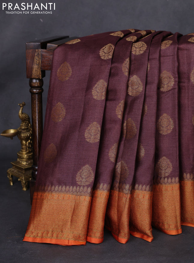 Banarasi tussar silk saree coffee brown and orange with thread & zari woven buttas and woven border