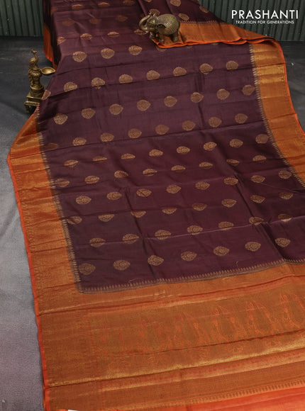 Banarasi tussar silk saree coffee brown and orange with thread & zari woven buttas and woven border