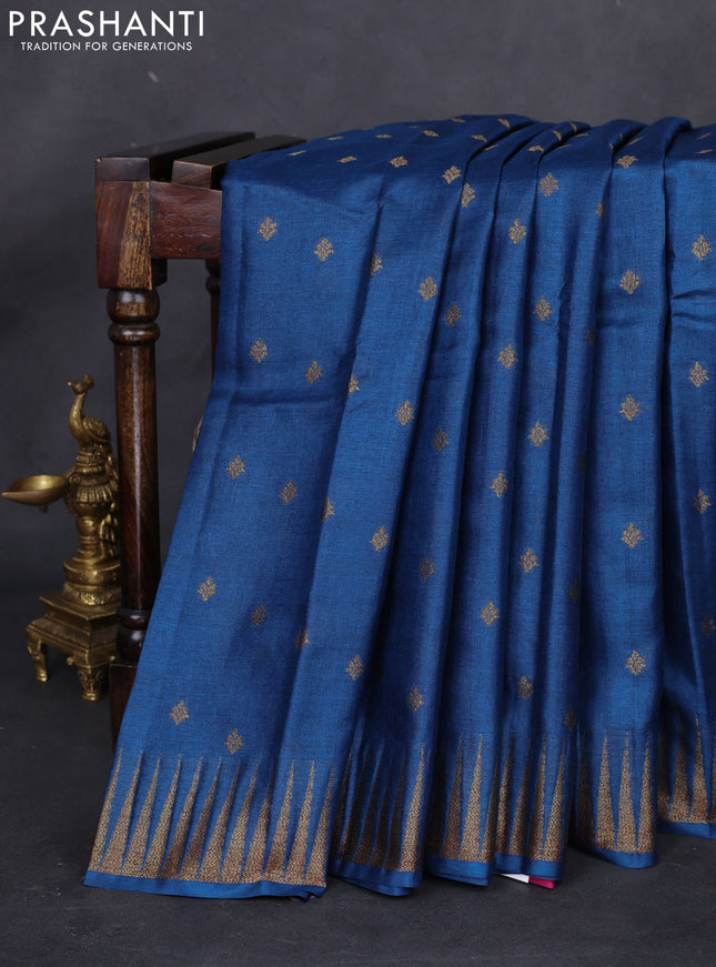 Banarasi tussar silk saree peacock blue and magenta pink with thread & zari woven buttas and temple design woven border