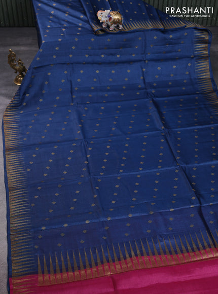 Banarasi tussar silk saree peacock blue and magenta pink with thread & zari woven buttas and temple design woven border
