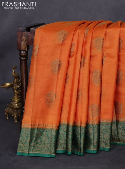 Banarasi tussar silk saree orange and green with thread & zari woven floral buttas and woven border