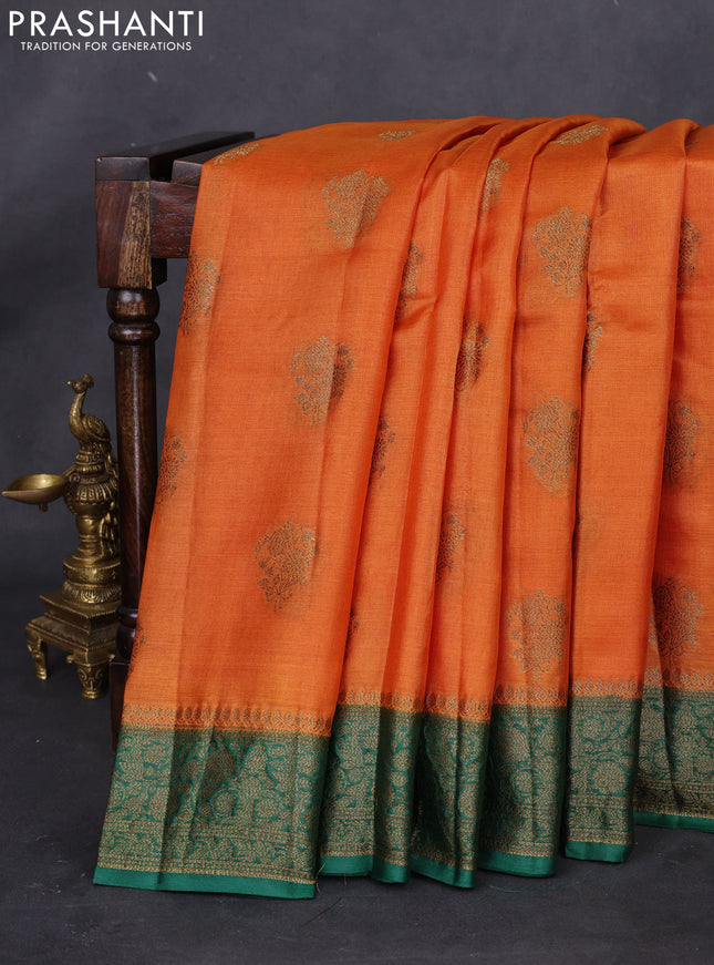 Banarasi tussar silk saree orange and green with thread & zari woven floral buttas and woven border