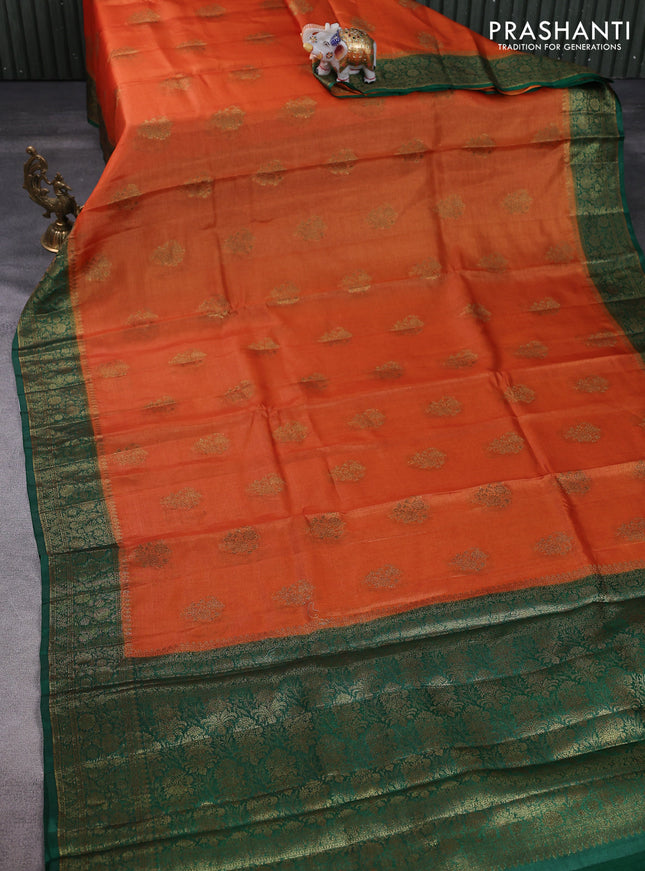 Banarasi tussar silk saree orange and green with thread & zari woven floral buttas and woven border