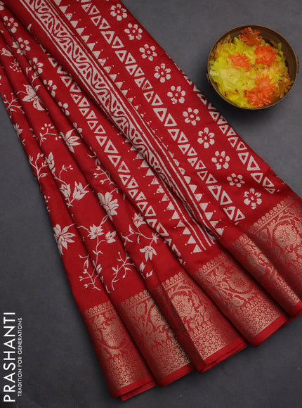 Semi dola saree red with allover prints and zari woven border