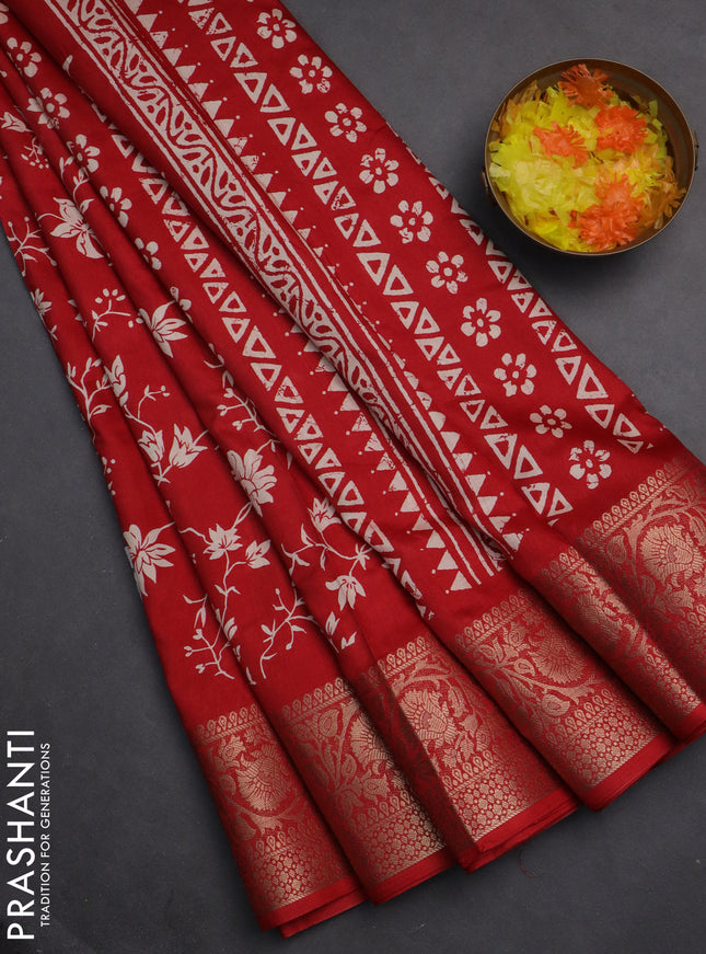Semi dola saree red with allover prints and zari woven border