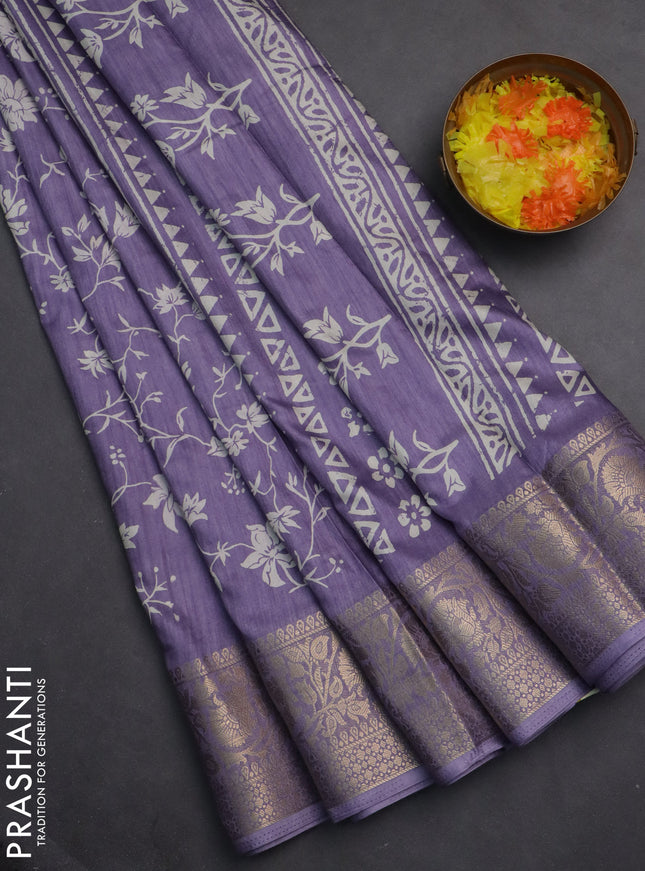 Semi dola saree pastel lavender with allover prints and zari woven border