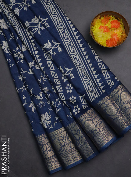 Semi dola saree peacock blue with allover prints and zari woven border