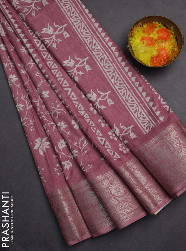 Semi dola saree mauve pink with allover prints and zari woven border