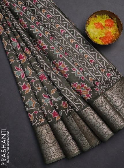 Semi dola saree military green with allover prints and zari woven border