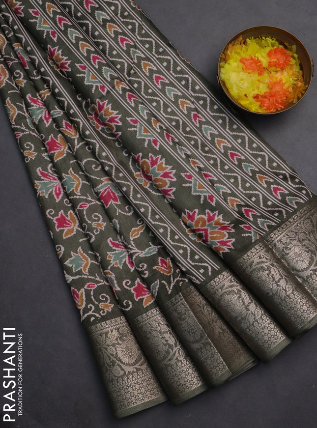Semi dola saree military green with allover prints and zari woven border