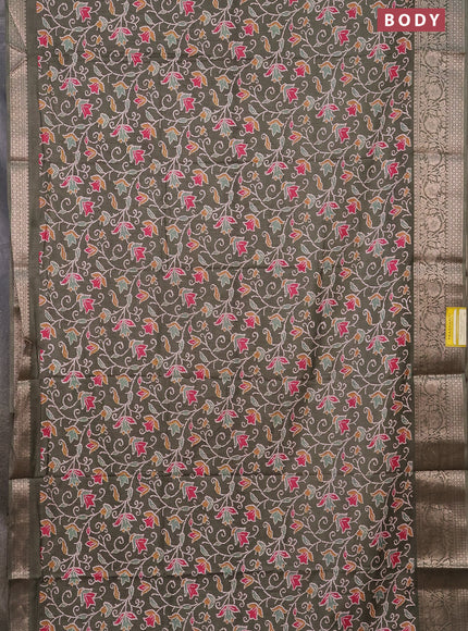 Semi dola saree military green with allover prints and zari woven border