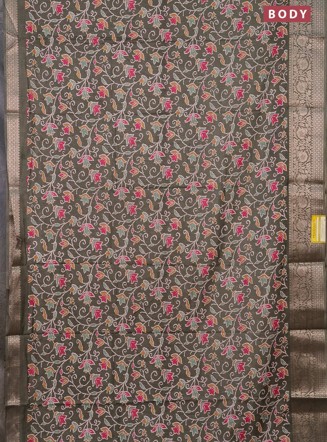 Semi dola saree military green with allover prints and zari woven border