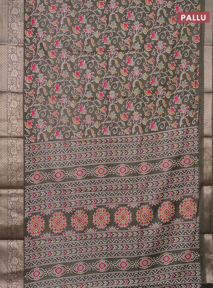 Semi dola saree military green with allover prints and zari woven border