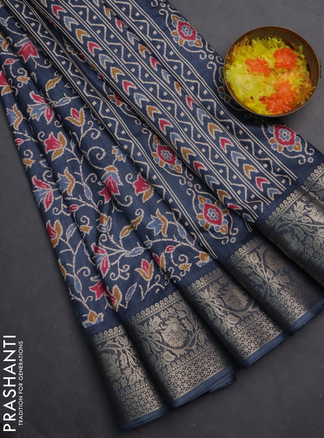 Semi dola saree peacock blue with allover prints and zari woven border