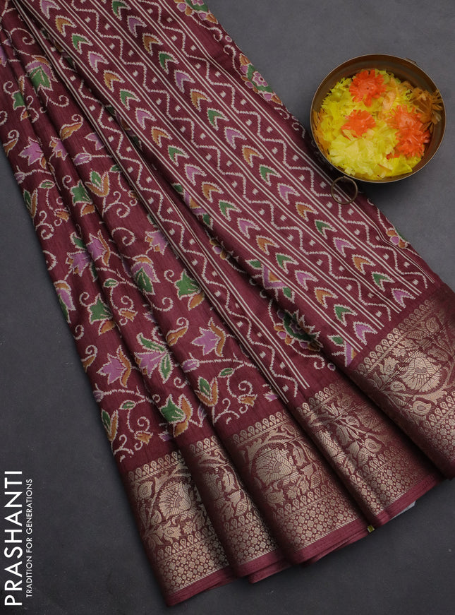 Semi dola saree maroon with allover prints and zari woven border