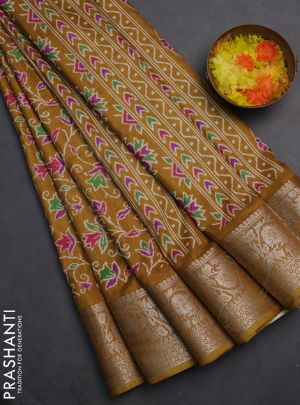 Semi dola saree mustard yellow with allover prints and zari woven border