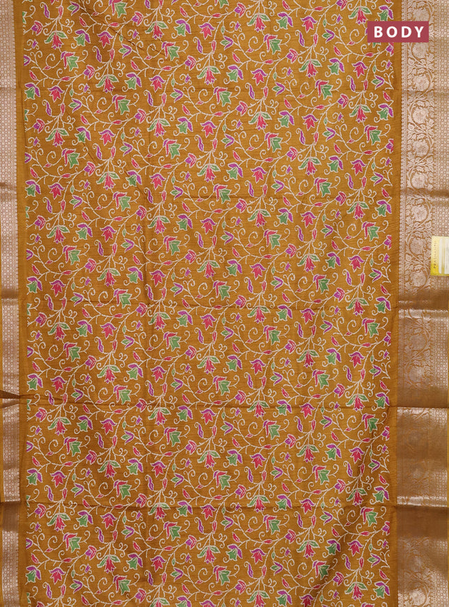 Semi dola saree mustard yellow with allover prints and zari woven border